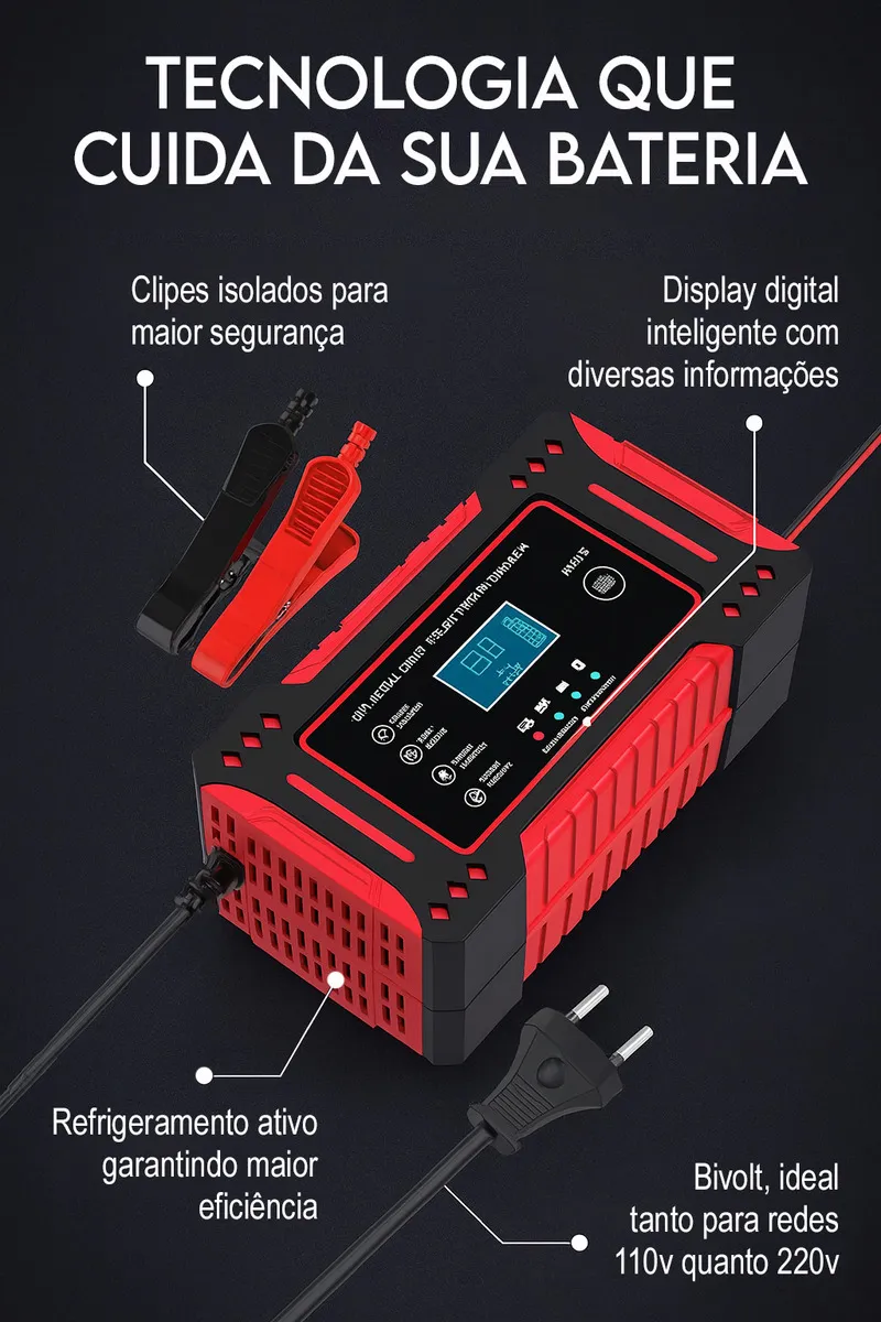 Carregador Inteligente De Bateria Automotiva 12v 6a Recupera Baterias 4ah A 100ah Carro Moto Lancha Jetski Caminhão Proteção Contra Curto Polaridade Invertida Sobrecarga Rápido Seguro Davely - Automotivo - Comercial Anis Digital