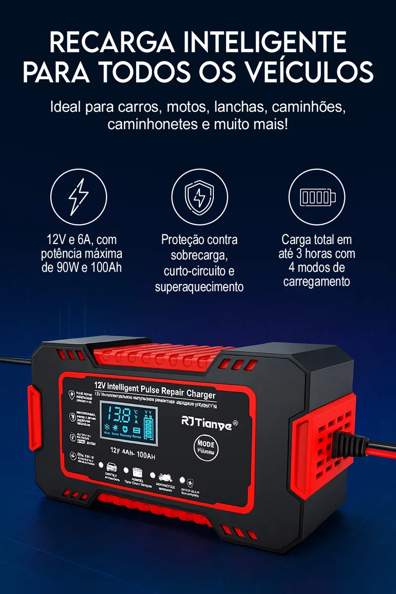 Carregador Inteligente De Bateria Automotiva 12v 6a Recupera Baterias 4ah A 100ah Carro Moto Lancha Jetski Caminhão Proteção Contra Curto Polaridade Invertida Sobrecarga Rápido Seguro Davely - Automotivo - Comercial Anis Digital