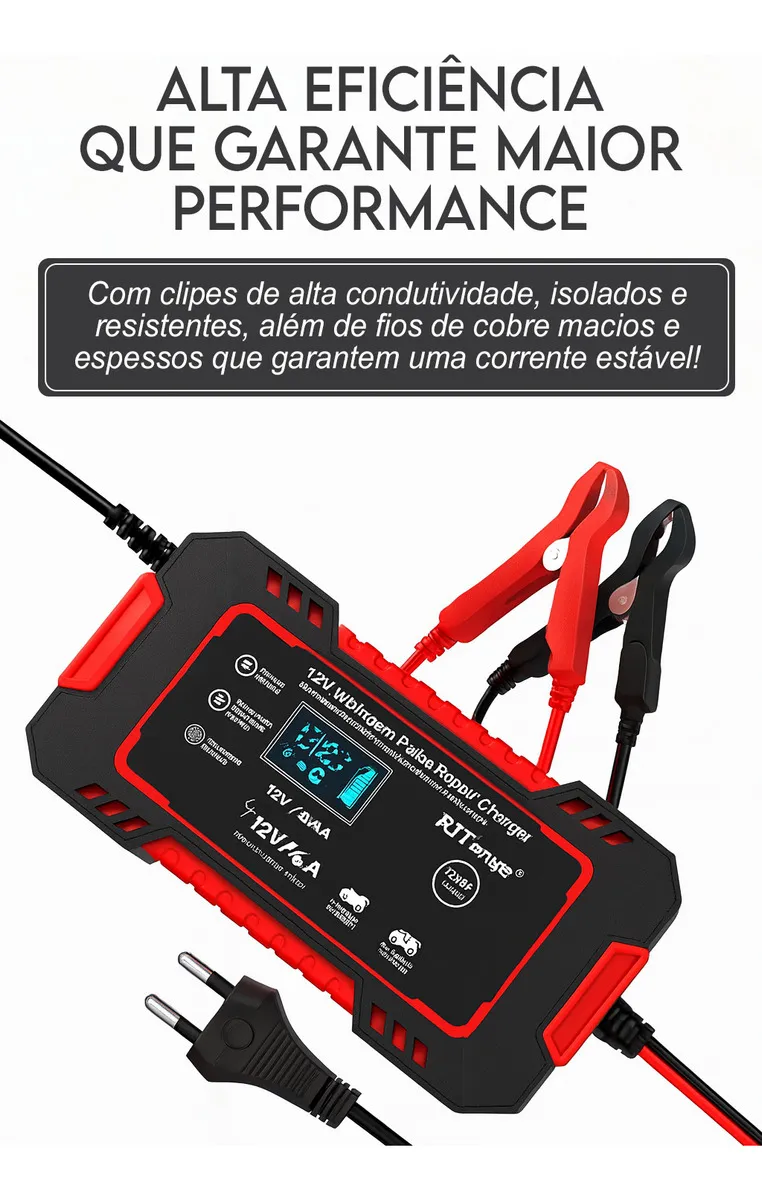 Carregador Inteligente De Bateria Automotiva 12v 6a Recupera Baterias 4ah A 100ah Carro Moto Lancha Jetski Caminhão Proteção Contra Curto Polaridade Invertida Sobrecarga Rápido Seguro Davely - Automotivo - Comercial Anis Digital