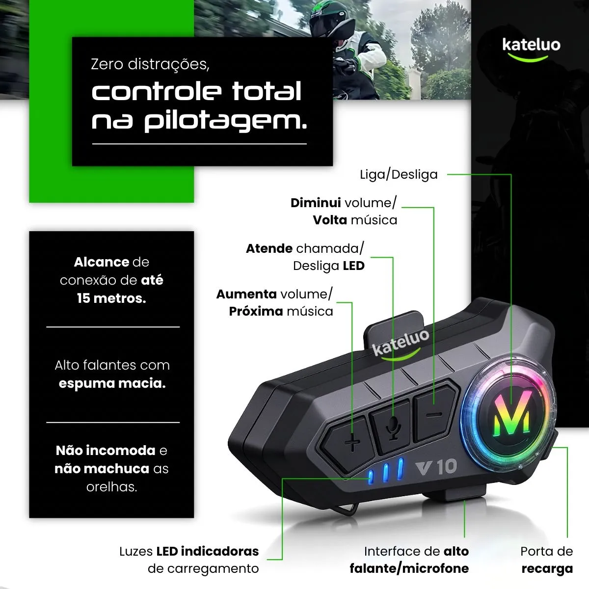 Fone De Ouvido Para Capacete Bluetooth Headset Rgb Sem Fio Kateluo - Automotivo - Comercial Anis Digital