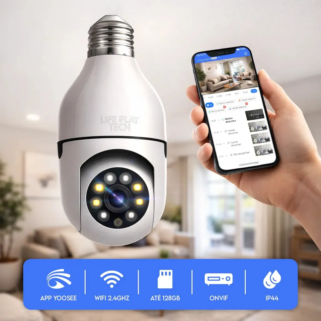Câmera Segurança Lâmpada WiFi 360° Full HD 1080p Visão Noturna Infravermelho Áudio Bidirecional Soquete E27 App Yoosee 2.4GHz Rotação 360x90° Monitoramento Residencial Empresa - Casa, Móveis e Decoração - Comercial Anis Digital