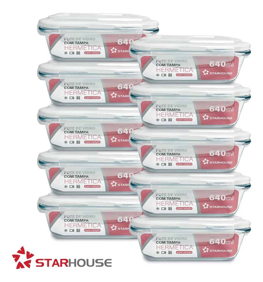 Kit 10 Potes Herméticos Vidro 640ml Starhouse Marmita Forno Micro-ondas - Casa, Móveis e Decoração - Comercial Anis Digital