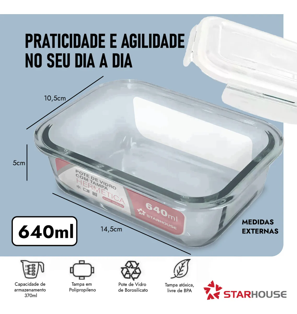 Kit 10 Potes Herméticos Vidro 640ml Starhouse Marmita Forno Micro-ondas - Casa, Móveis e Decoração - Comercial Anis Digital