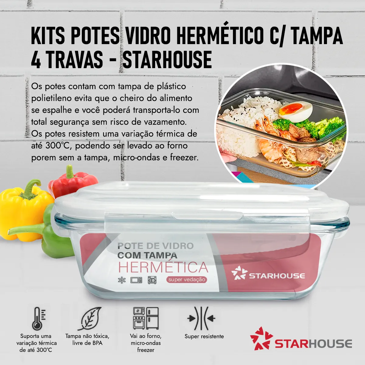 Kit 10 Potes Herméticos Vidro 640ml Starhouse Marmita Forno Micro-ondas - Casa, Móveis e Decoração - Comercial Anis Digital