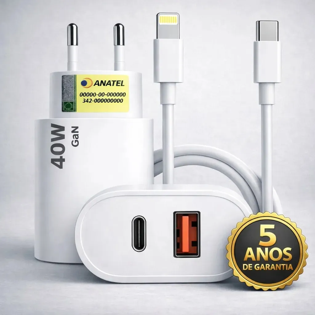 Carregador Turbo Duplo 40w Usb Tipo C Para iPhone 8 X Xr 11 12 13 14 Pro Max Dtimp - Celulares e Smartphones - Comercial Anis Digital