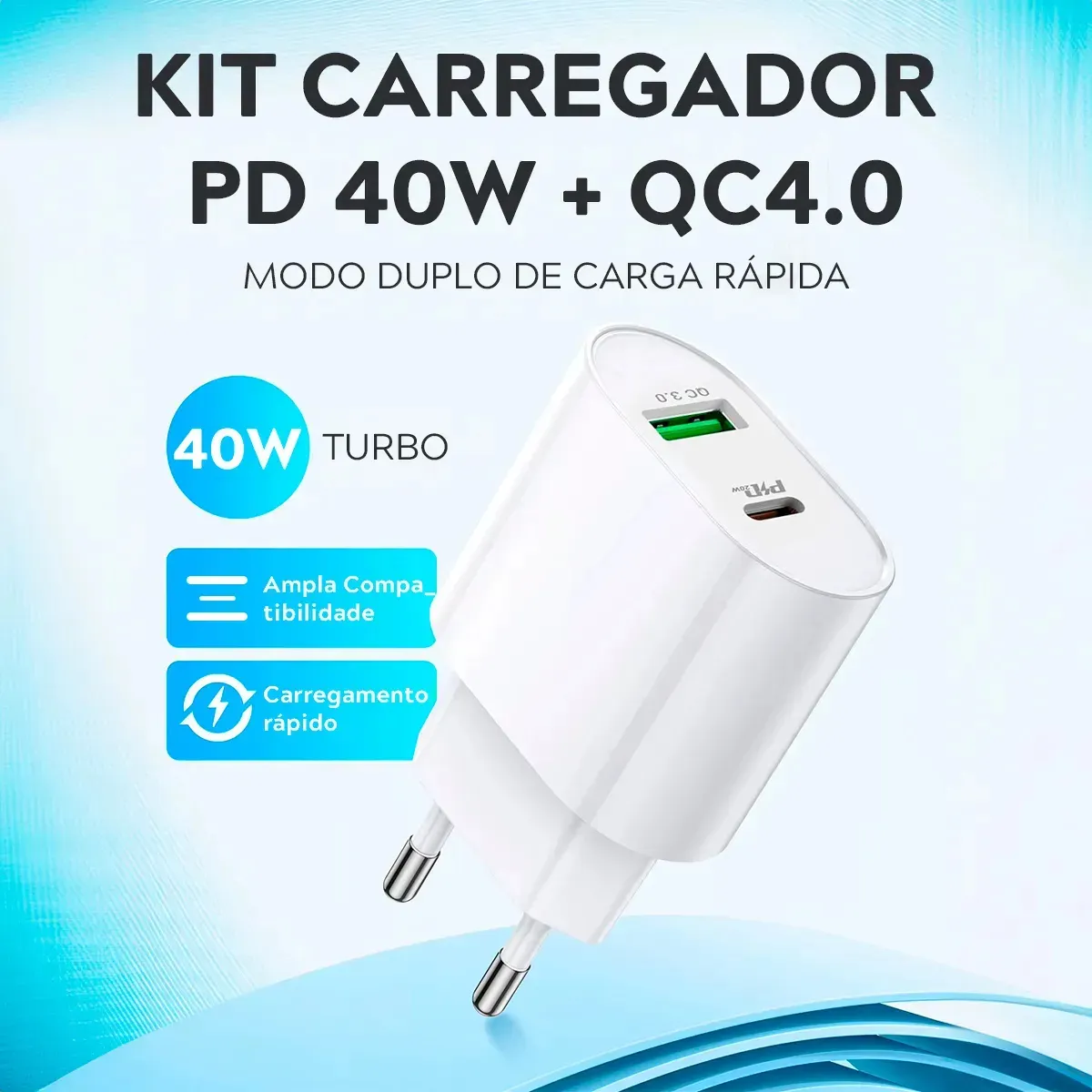 Carregador Turbo Duplo 40w Usb Tipo C Para iPhone 8 X Xr 11 12 13 14 Pro Max Dtimp - Celulares e Smartphones - Comercial Anis Digital