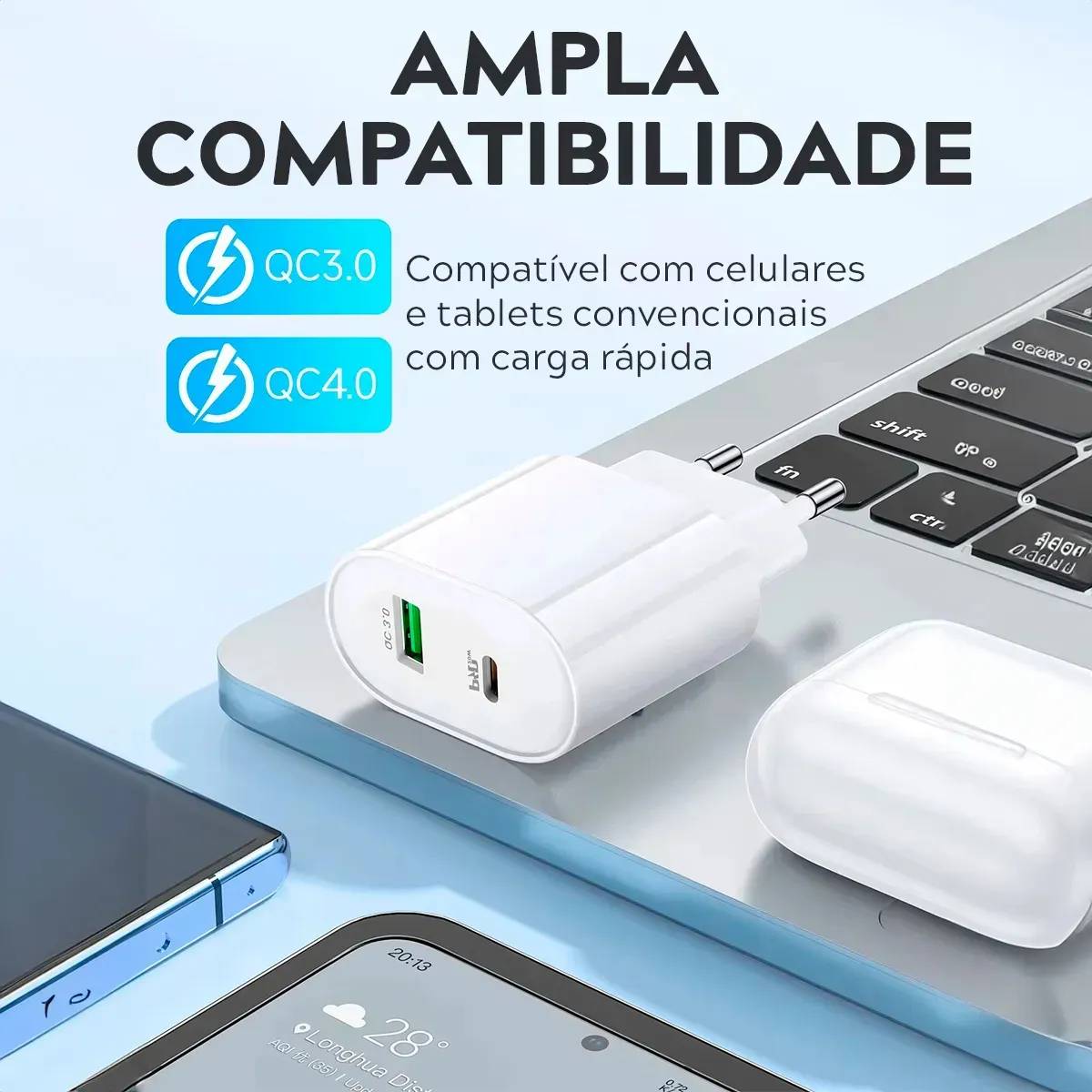 Carregador Turbo Duplo 40w Usb Tipo C Para iPhone 8 X Xr 11 12 13 14 Pro Max Dtimp - Celulares e Smartphones - Comercial Anis Digital