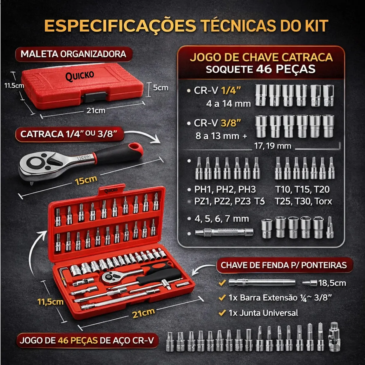 Kit Chaves Ferramentas Jogo Fenda Philips Catraca Soquete Allen 46 Peças com Maleta Completa Manual Ideal Mecânico Manutenção Casa Carro Profissional Resistente Portátil Compacto Quicko - Ferramentas e Construção - Comercial Anis Digital