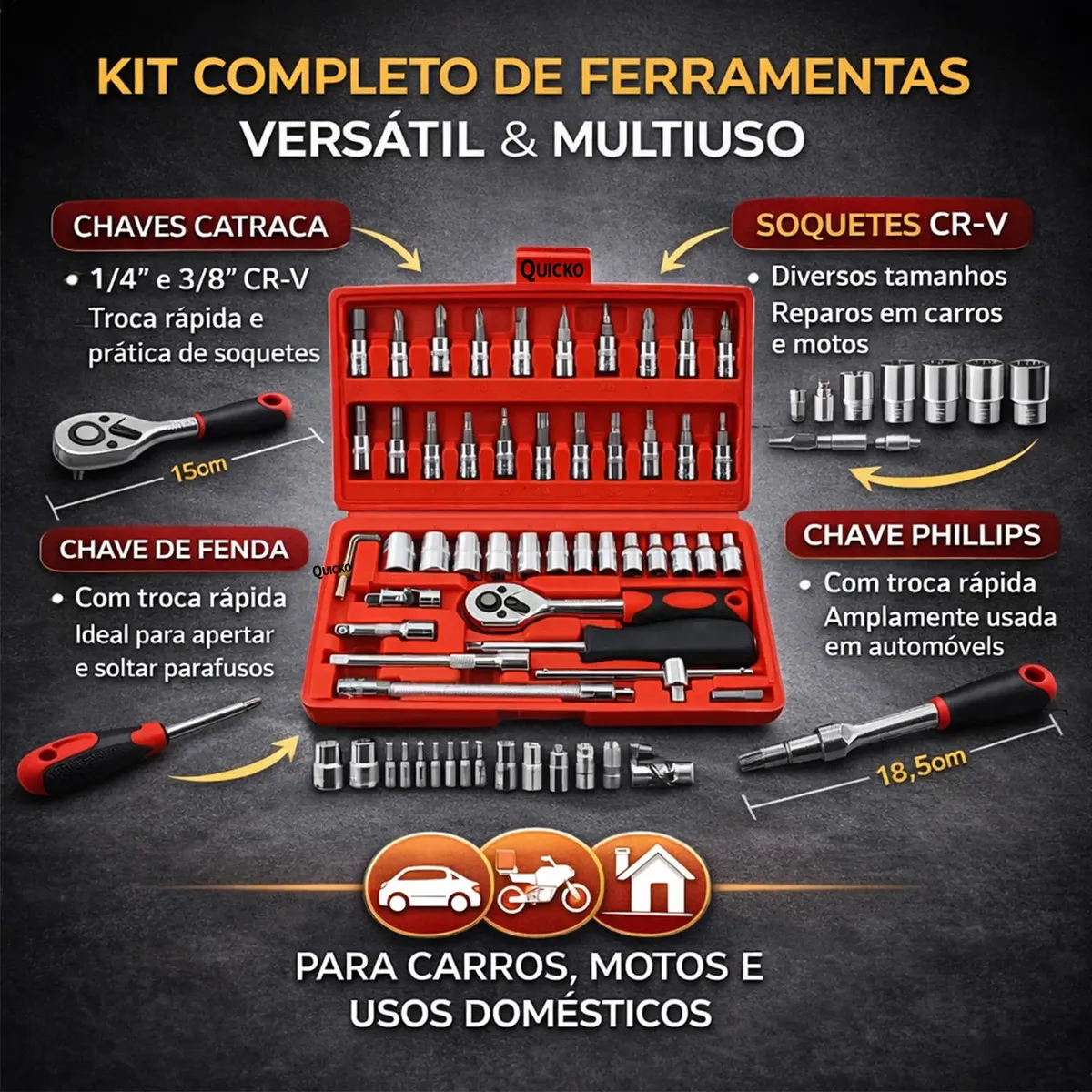 Kit Chaves Ferramentas Jogo Fenda Philips Catraca Soquete Allen 46 Peças com Maleta Completa Manual Ideal Mecânico Manutenção Casa Carro Profissional Resistente Portátil Compacto Quicko - Ferramentas e Construção - Comercial Anis Digital