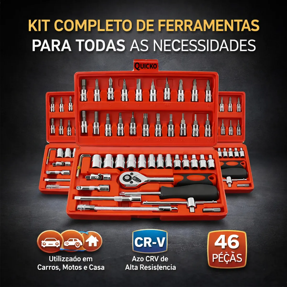 Kit Chaves Ferramentas Jogo Fenda Philips Catraca Soquete Allen 46 Peças com Maleta Completa Manual Ideal Mecânico Manutenção Casa Carro Profissional Resistente Portátil Compacto Quicko - Ferramentas e Construção - Comercial Anis Digital