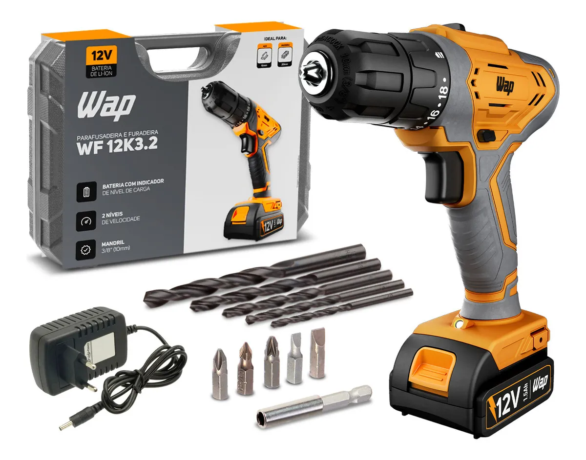 Parafusadeira E Furadeira A Bateria Li-ion Wap Wf 12k3.2 Carregador Com Maleta E Kit De 11 Acessórios - Ferramentas e Construção - Comercial Anis Digital