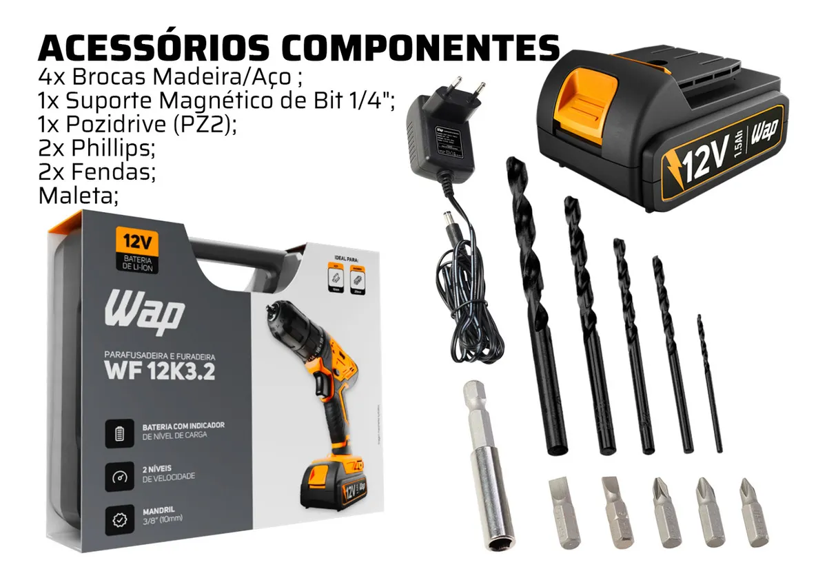Parafusadeira E Furadeira A Bateria Li-ion Wap Wf 12k3.2 Carregador Com Maleta E Kit De 11 Acessórios - Ferramentas e Construção - Comercial Anis Digital