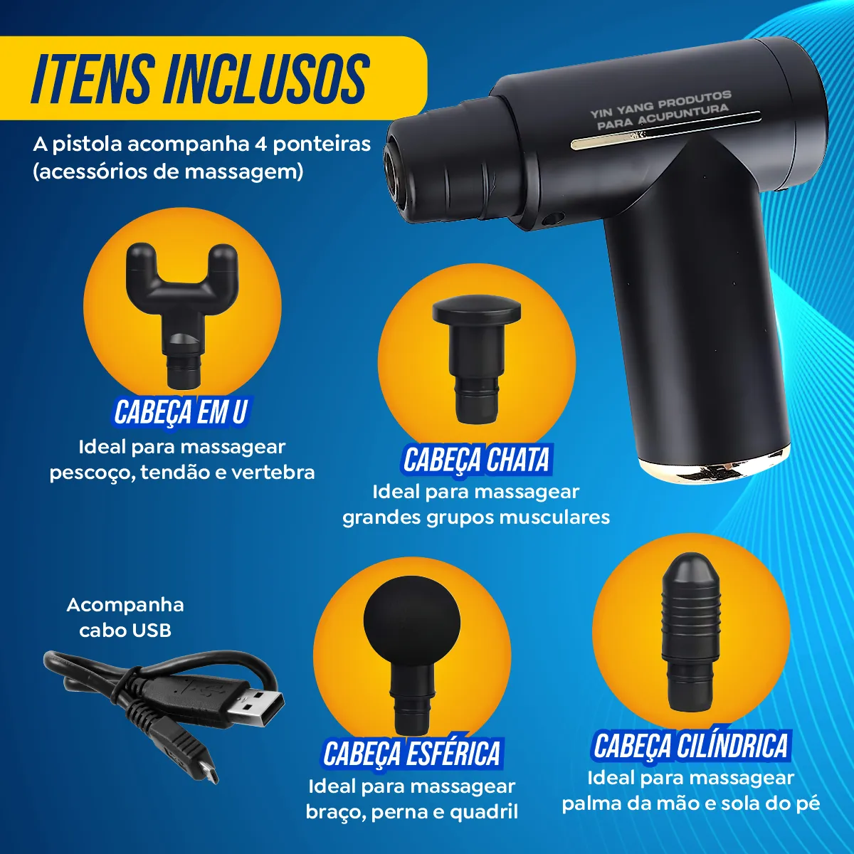 Massageador Pistola Muscular Profissional 6 Velocidades 4 Ponteiras Alívio Dores Relaxamento Bivolt Recarregável Yin Yang Produtos Para Acupuntura - Saúde - Comercial Anis Digital