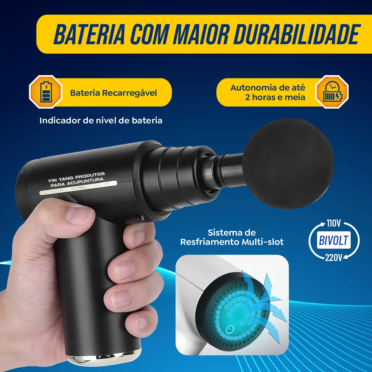 Massageador Pistola Muscular Profissional 6 Velocidades 4 Ponteiras Alívio Dores Relaxamento Bivolt Recarregável Yin Yang Produtos Para Acupuntura - Saúde - Comercial Anis Digital