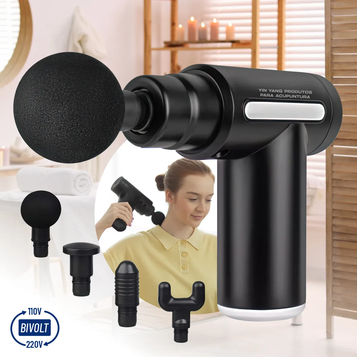 Massageador Pistola Muscular Profissional 6 Velocidades 4 Ponteiras Alívio Dores Relaxamento Bivolt Recarregável Yin Yang Produtos Para Acupuntura - Saúde - Comercial Anis Digital