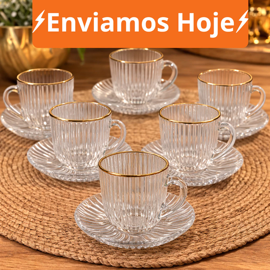 Jogo De Xicara De Luxo Vidro Com Borda Dourada + Pires Linha Hauskraft Premium 85ml - Casa, Móveis e Decoração - Comercial Anis Digital