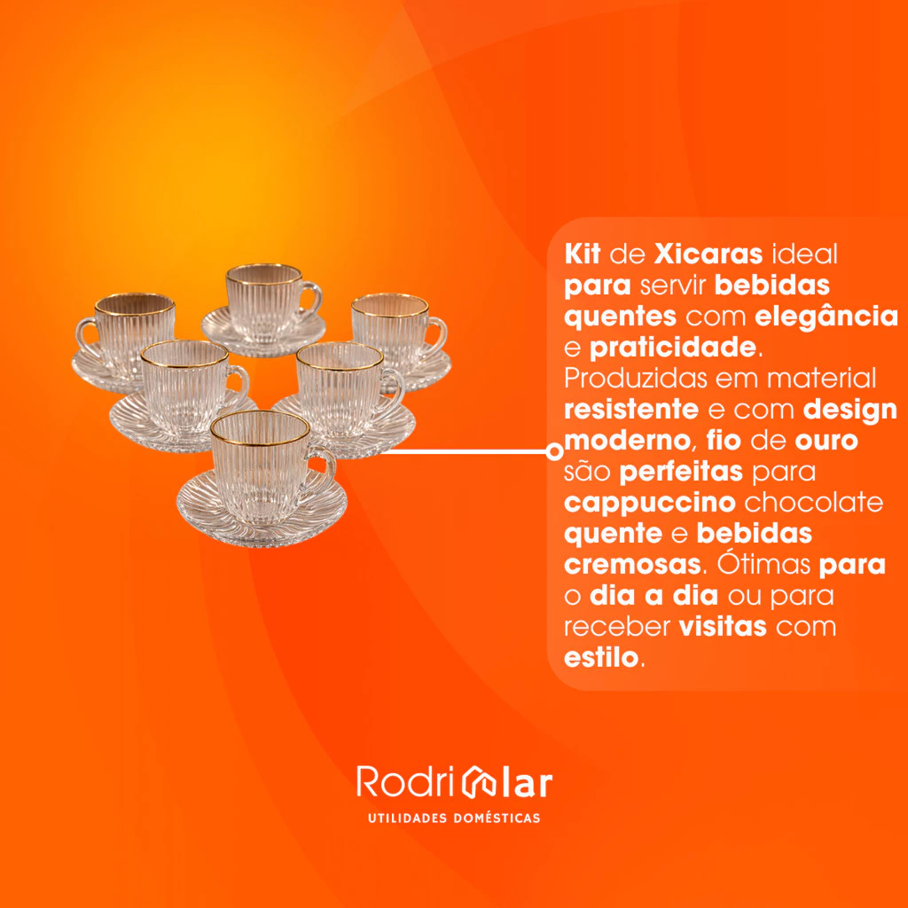 Jogo De Xicara De Luxo Vidro Com Borda Dourada + Pires Linha Hauskraft Premium 85ml - Casa, Móveis e Decoração - Comercial Anis Digital