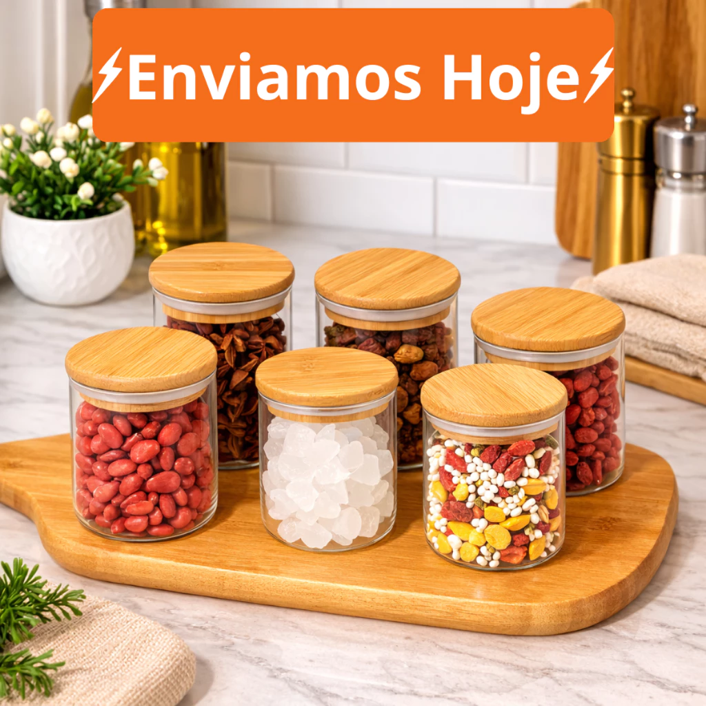 Kit Ate 12 Pote de Vidro com Tampa Bambu 200ML Potes Herméticos Porta Mantimen Hermético à Prova Odores - Casa, Móveis e Decoração - Comercial Anis Digital