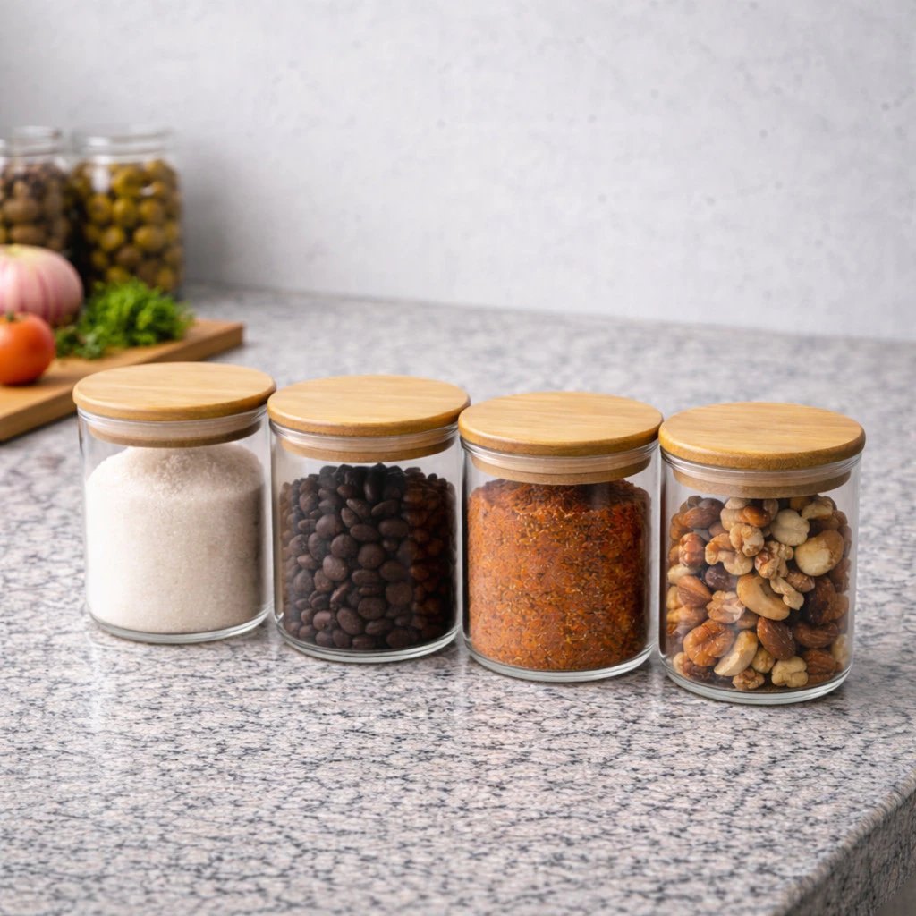 Kit Ate 12 Pote de Vidro com Tampa Bambu 200ML Potes Herméticos Porta Mantimen Hermético à Prova Odores - Casa, Móveis e Decoração - Comercial Anis Digital