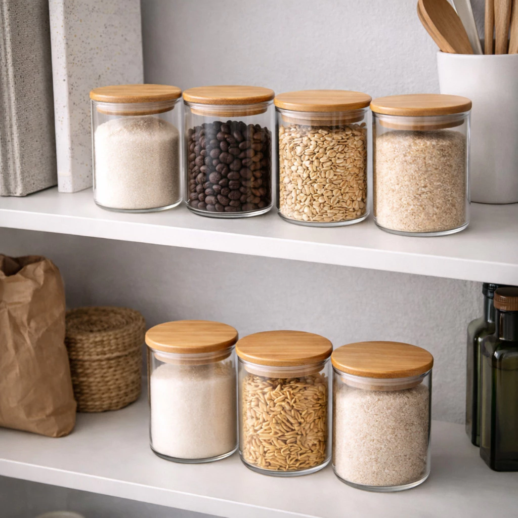 Kit Ate 12 Pote de Vidro com Tampa Bambu 200ML Potes Herméticos Porta Mantimen Hermético à Prova Odores - Casa, Móveis e Decoração - Comercial Anis Digital